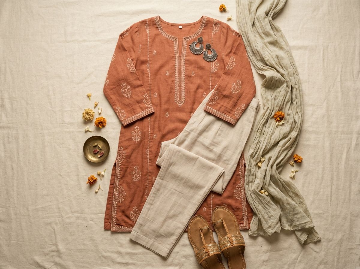 Women's kurta outfit flat-lay with trousers and earrings