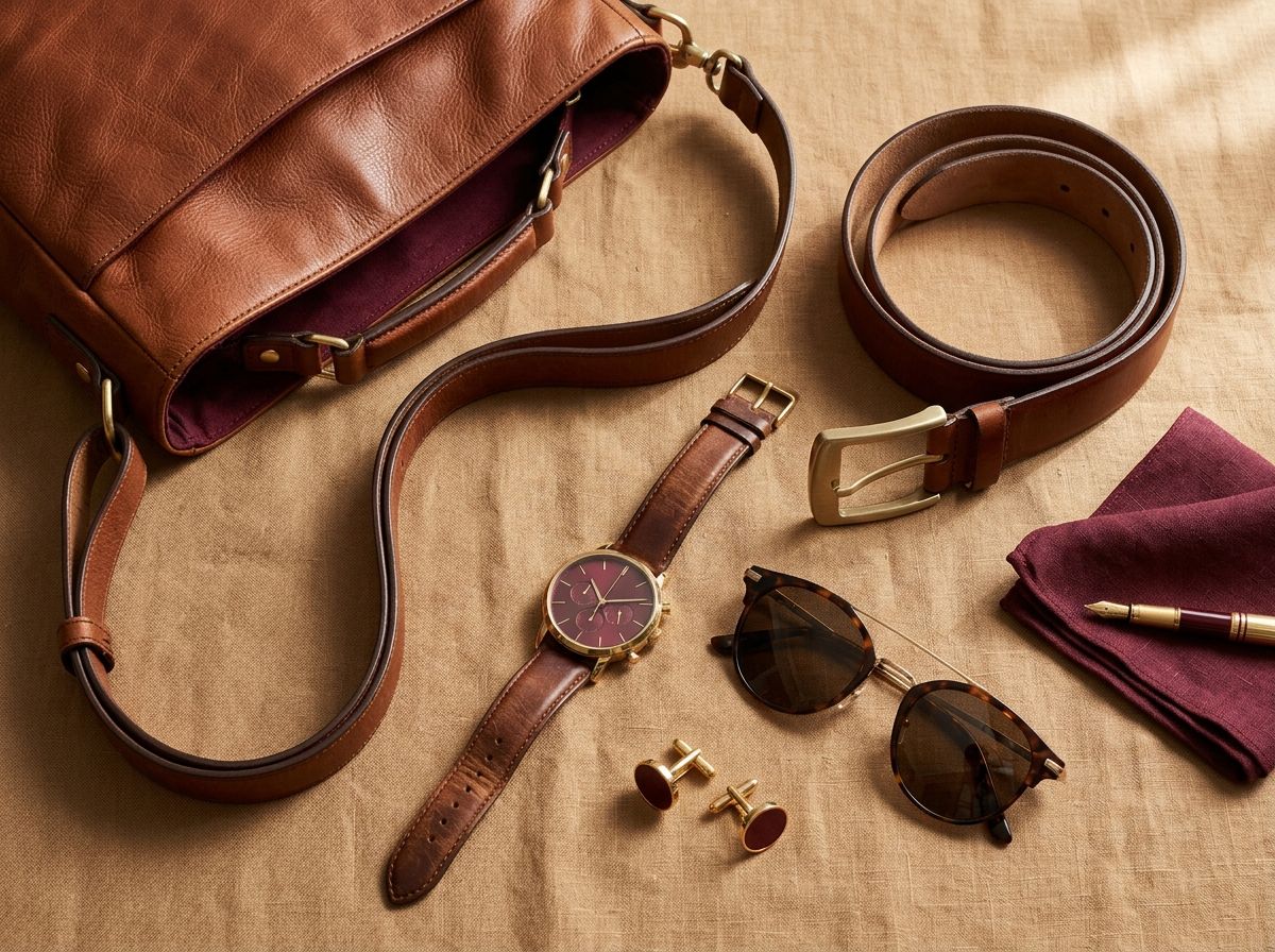 Men's leather accessories flat-lay with watch, belt, bag and sunglasses