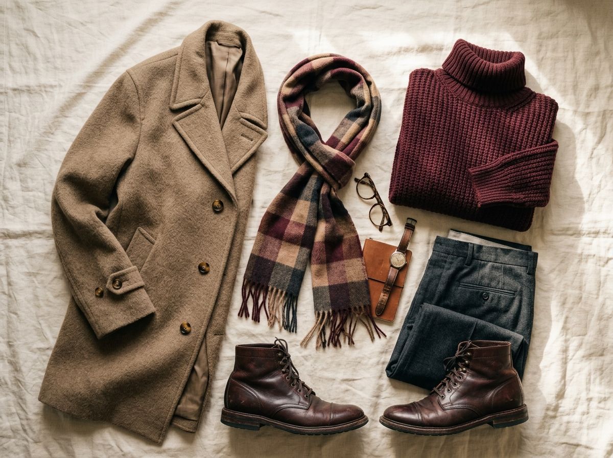 Men's winter wardrobe flat-lay with coat, scarf, sweater and boots