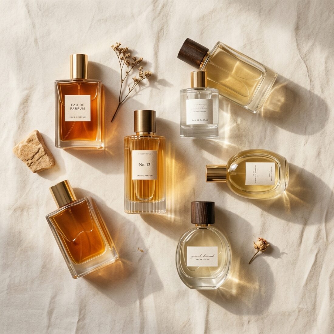 Fragrance and grooming flat-lay