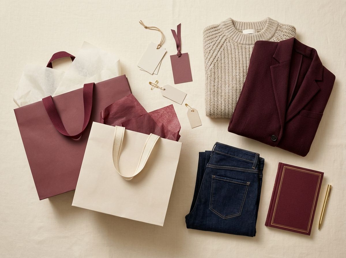 Shopping bags and folded clothing items flat-lay