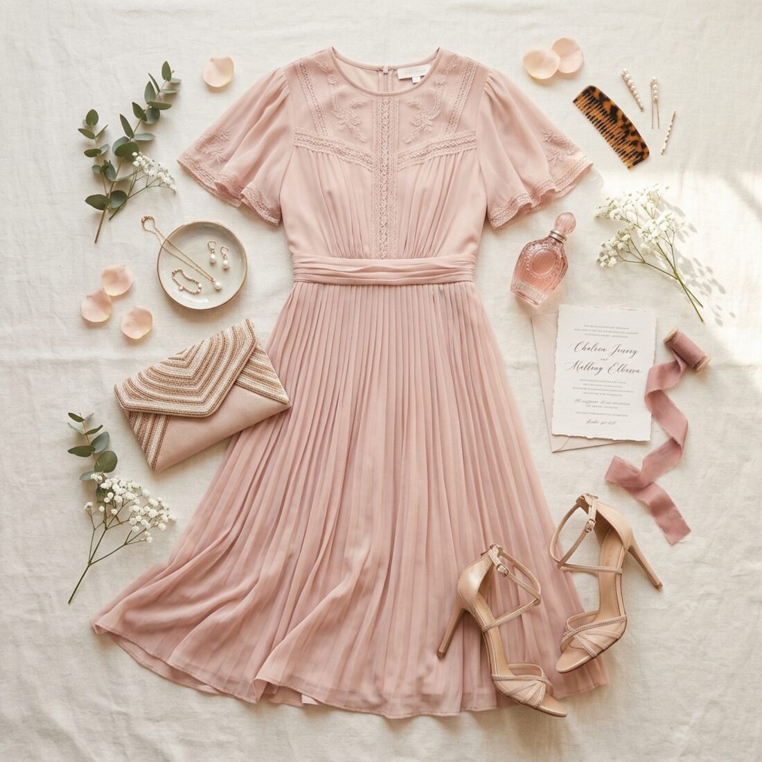 Elegant wedding guest outfit flat-lay