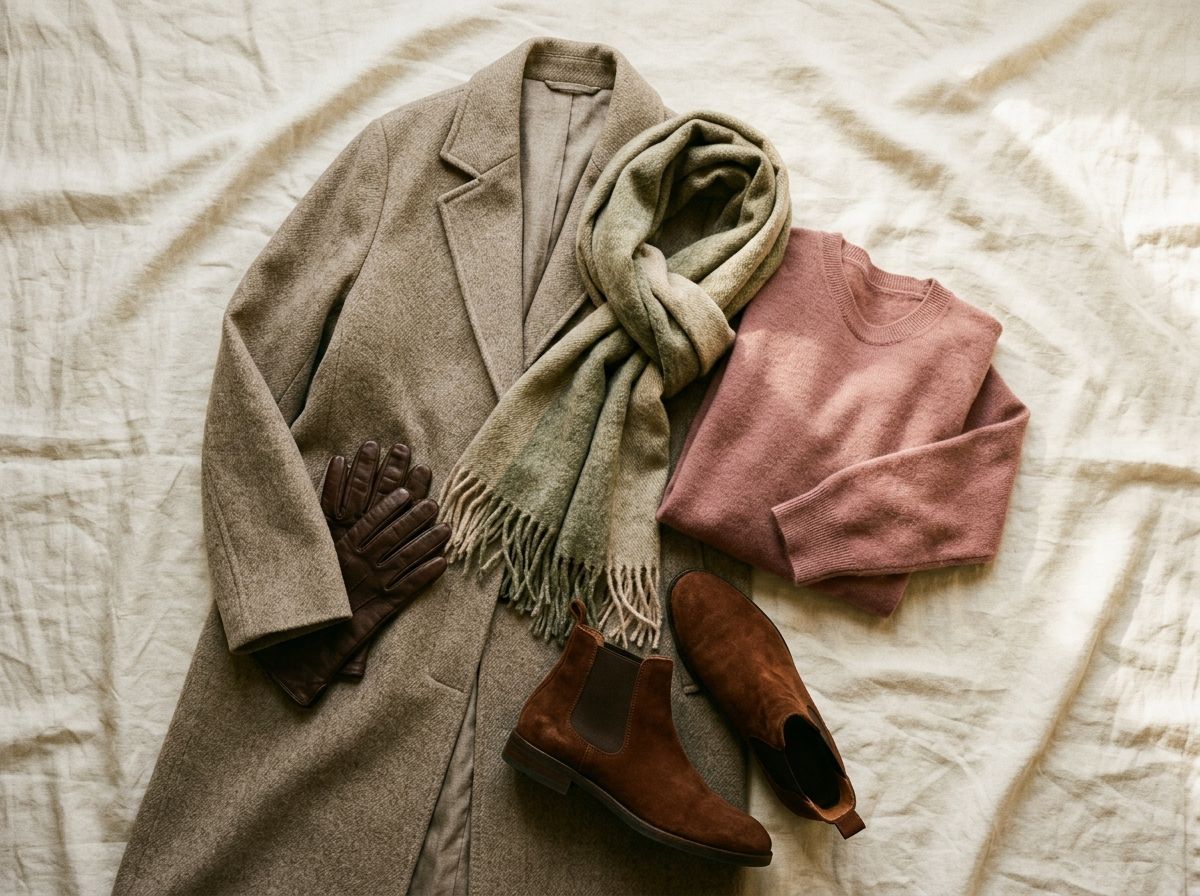 Women's winter wardrobe flat-lay with coat, sweater, scarf and boots
